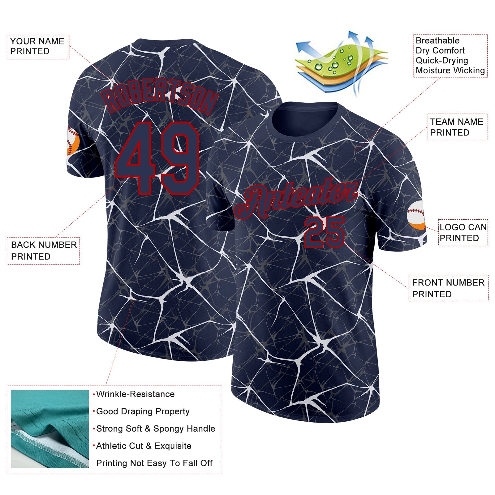 Custom Navy White Gray-Red Abstract Network Crackle Performance T-Shirt view 2