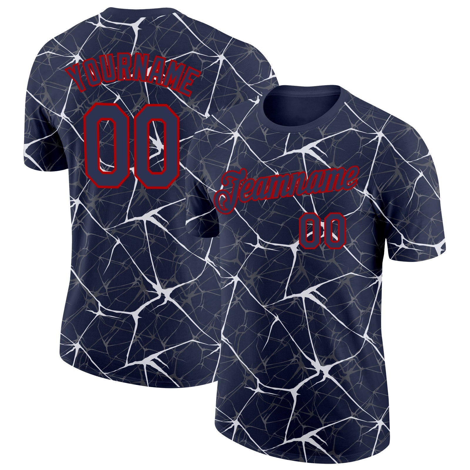 Custom Navy White Gray-Red Abstract Network Crackle Performance T-Shirt - Main View