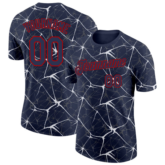 Custom Navy White Gray-Red Abstract Network Crackle Performance T-Shirt - Main View