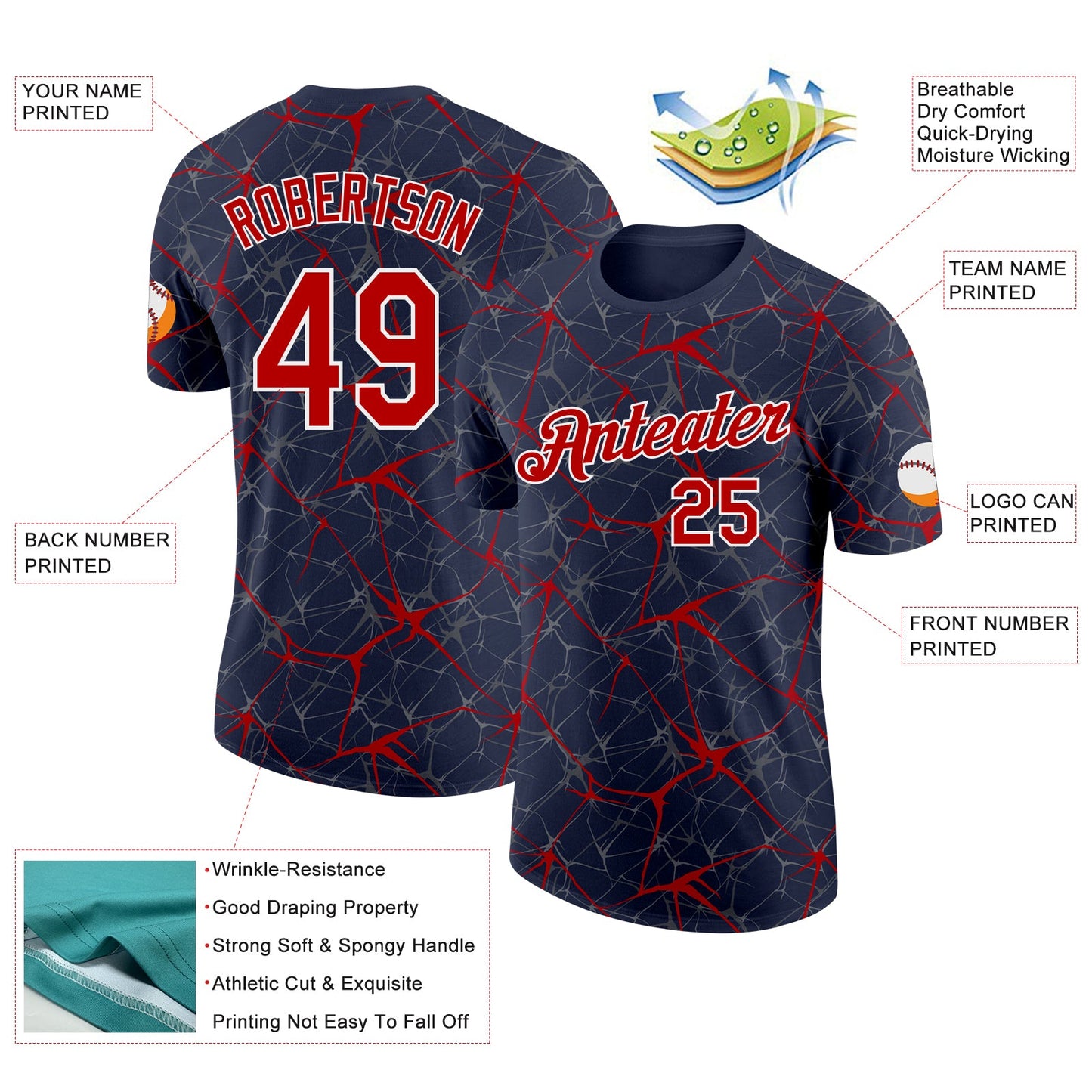 Custom Navy Red Gray-White Abstract Network Crackle Performance T-Shirt view 2