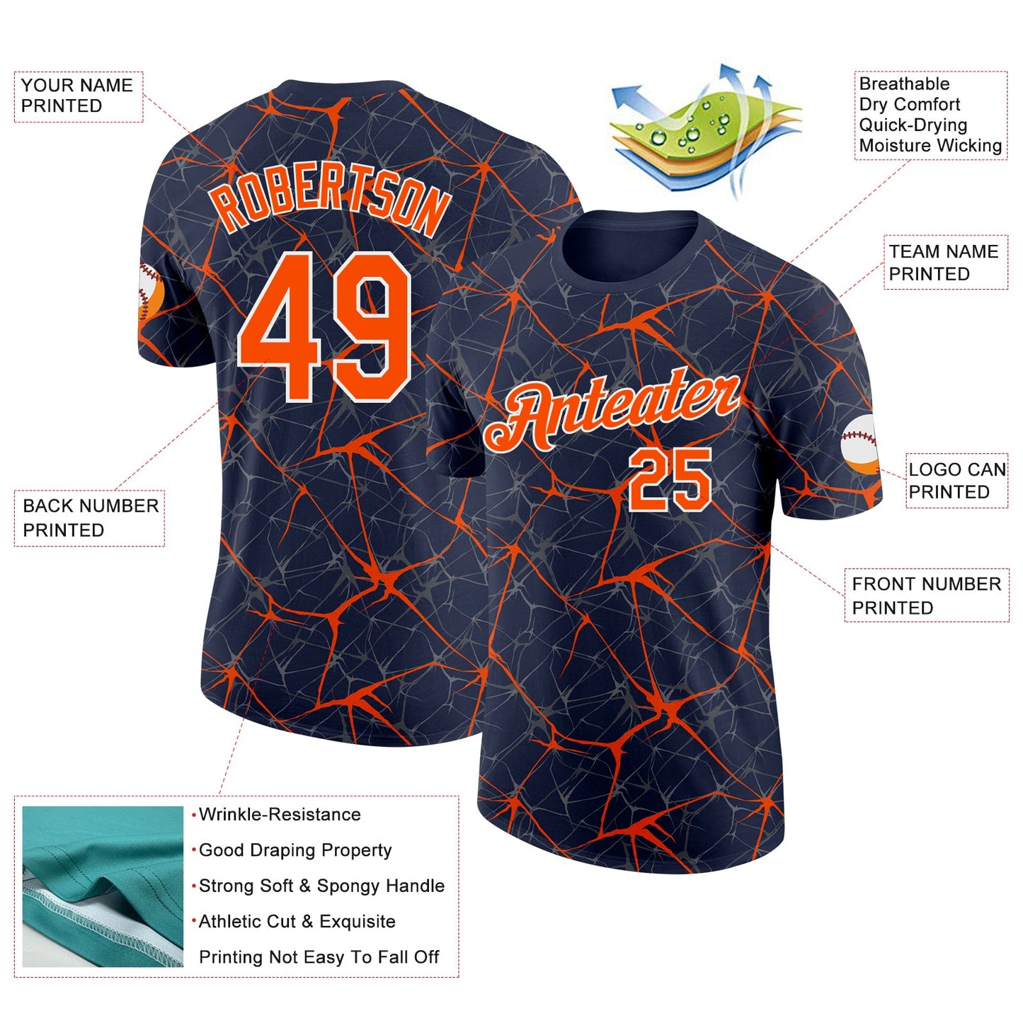 Custom Navy Orange Gray-White Abstract Network Crackle Performance T-Shirt view 2