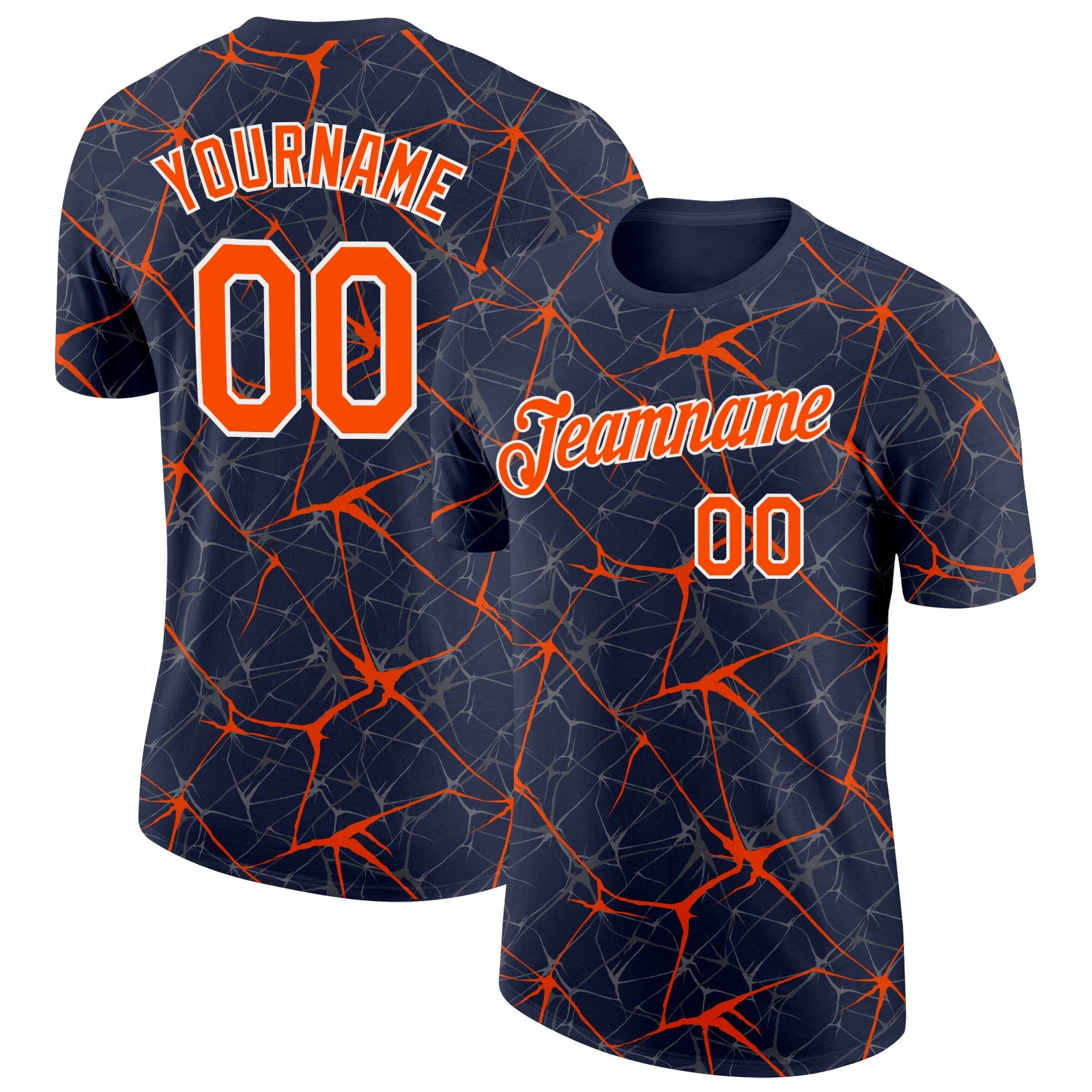 Custom Navy Orange Gray-White Abstract Network Crackle Performance T-Shirt - Main View