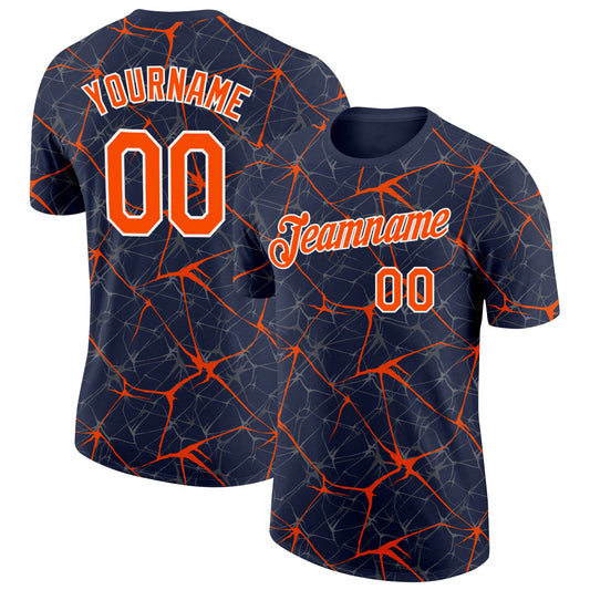 Custom Navy Orange Gray-White Abstract Network Crackle Performance T-Shirt - Main View