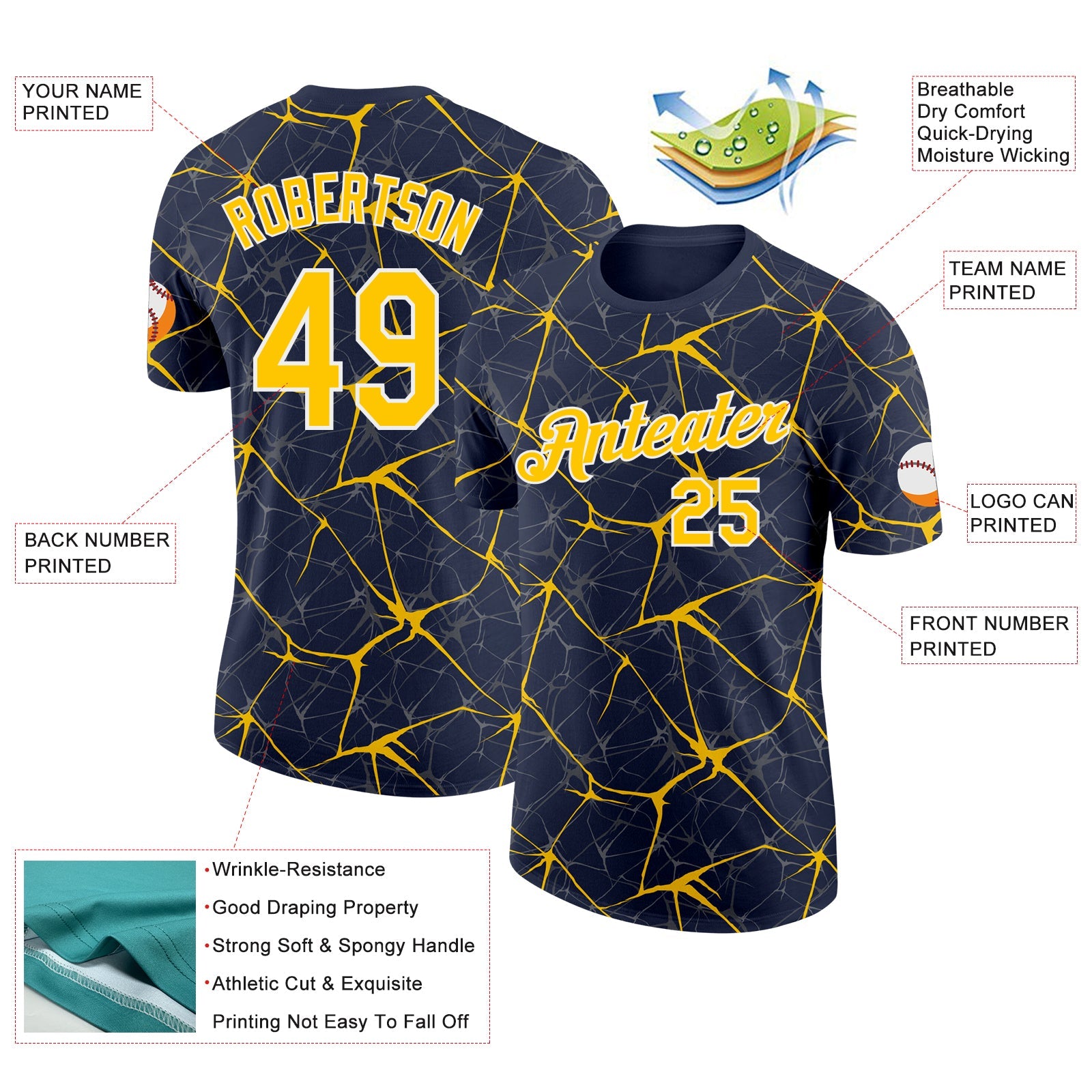 Custom Navy Yellow Gray-White Abstract Network Crackle Performance T-Shirt view 2