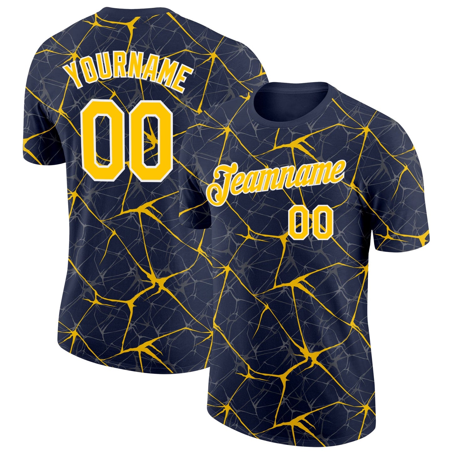 Custom Navy Yellow Gray-White Abstract Network Crackle Performance T-Shirt - Main View