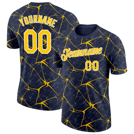 Custom Navy Yellow Gray-White Abstract Network Crackle Performance T-Shirt - Main View
