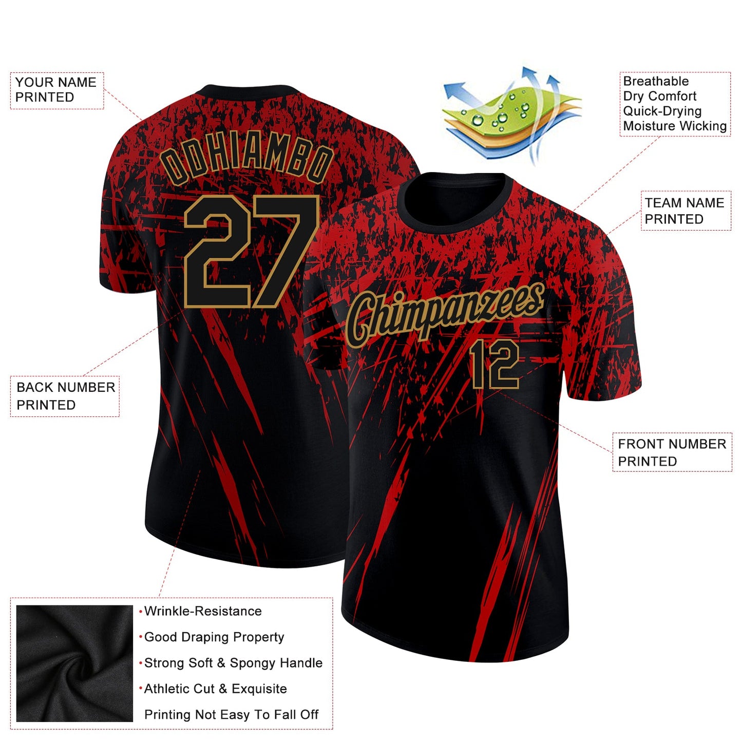 Custom Black Red-Old Gold 3D Pattern Design Performance T-Shirt view 2