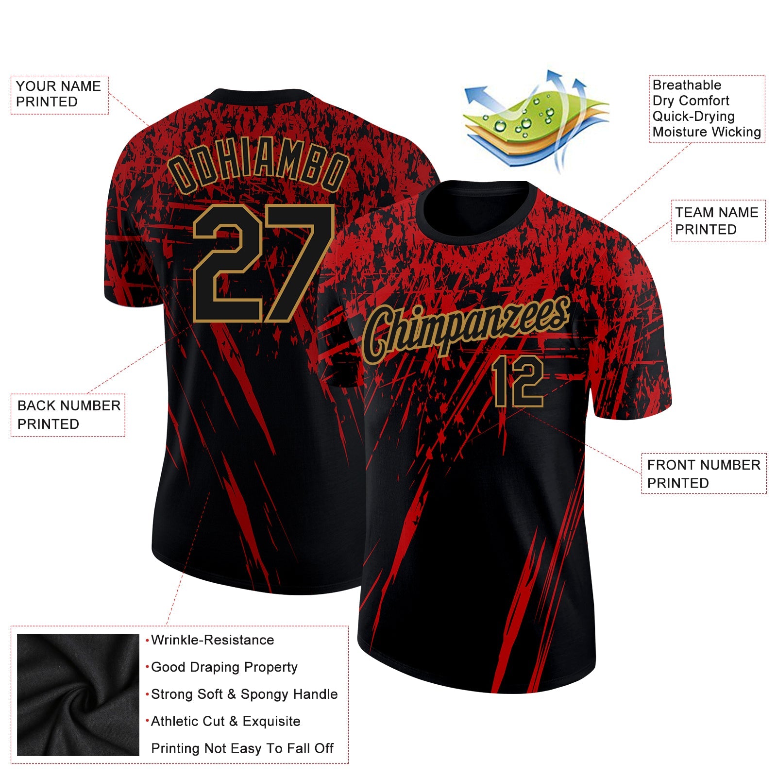 Custom Black Red-Old Gold 3D Pattern Design Performance T-Shirt view 2