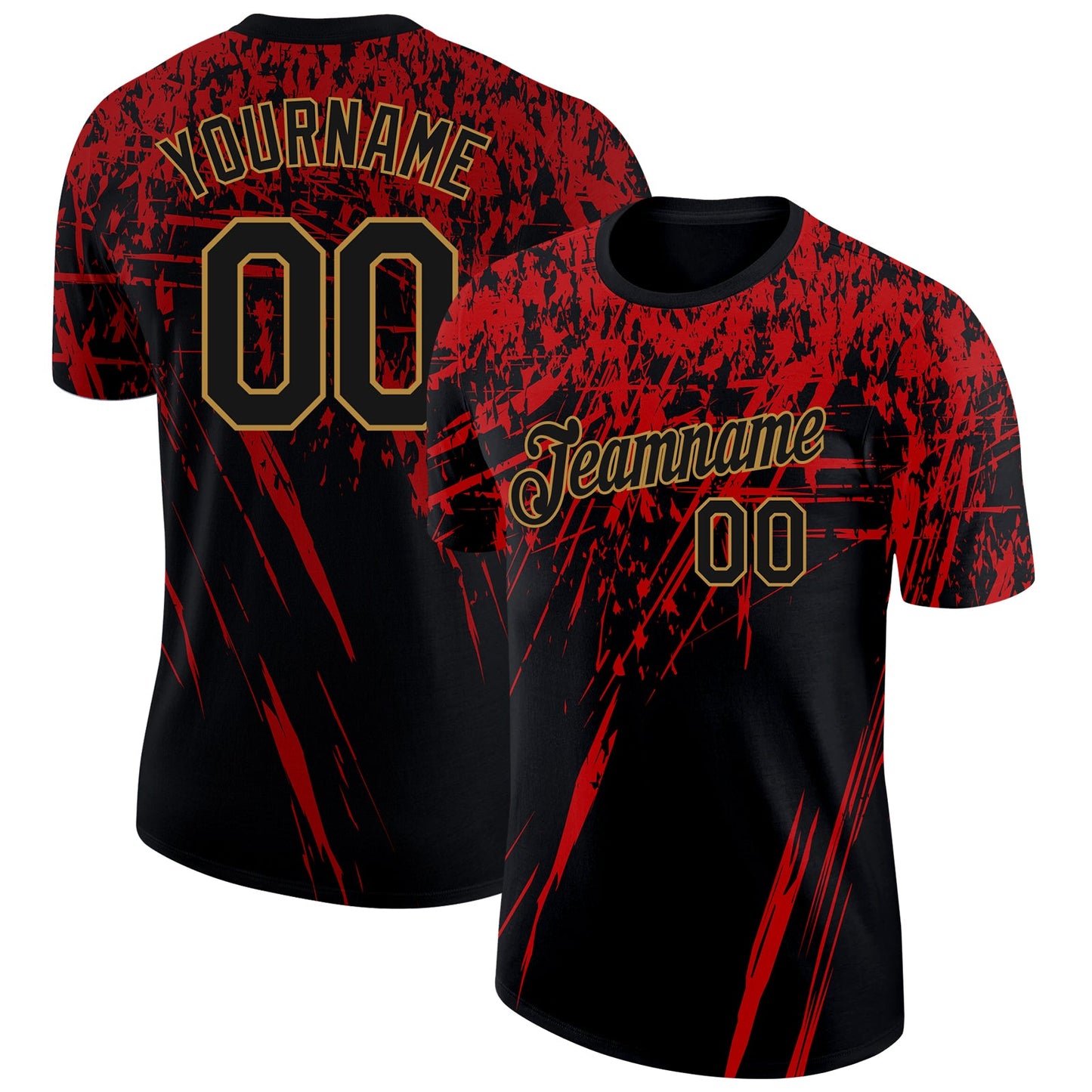 Custom Black Red-Old Gold 3D Pattern Design Performance T-Shirt - Main View