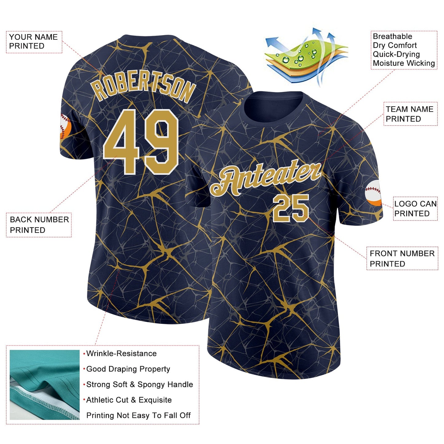 Custom Navy Old Gold Gray-White Abstract Network Crackle Performance T-Shirt view 2