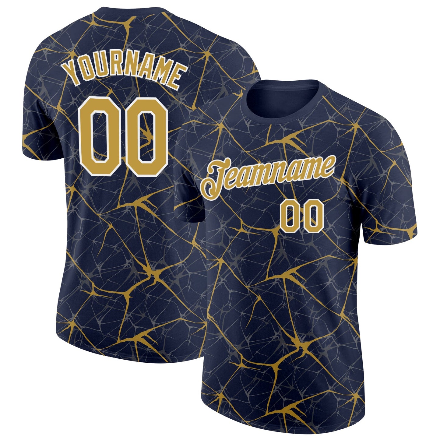 Custom Navy Old Gold Gray-White Abstract Network Crackle Performance T-Shirt - Main View