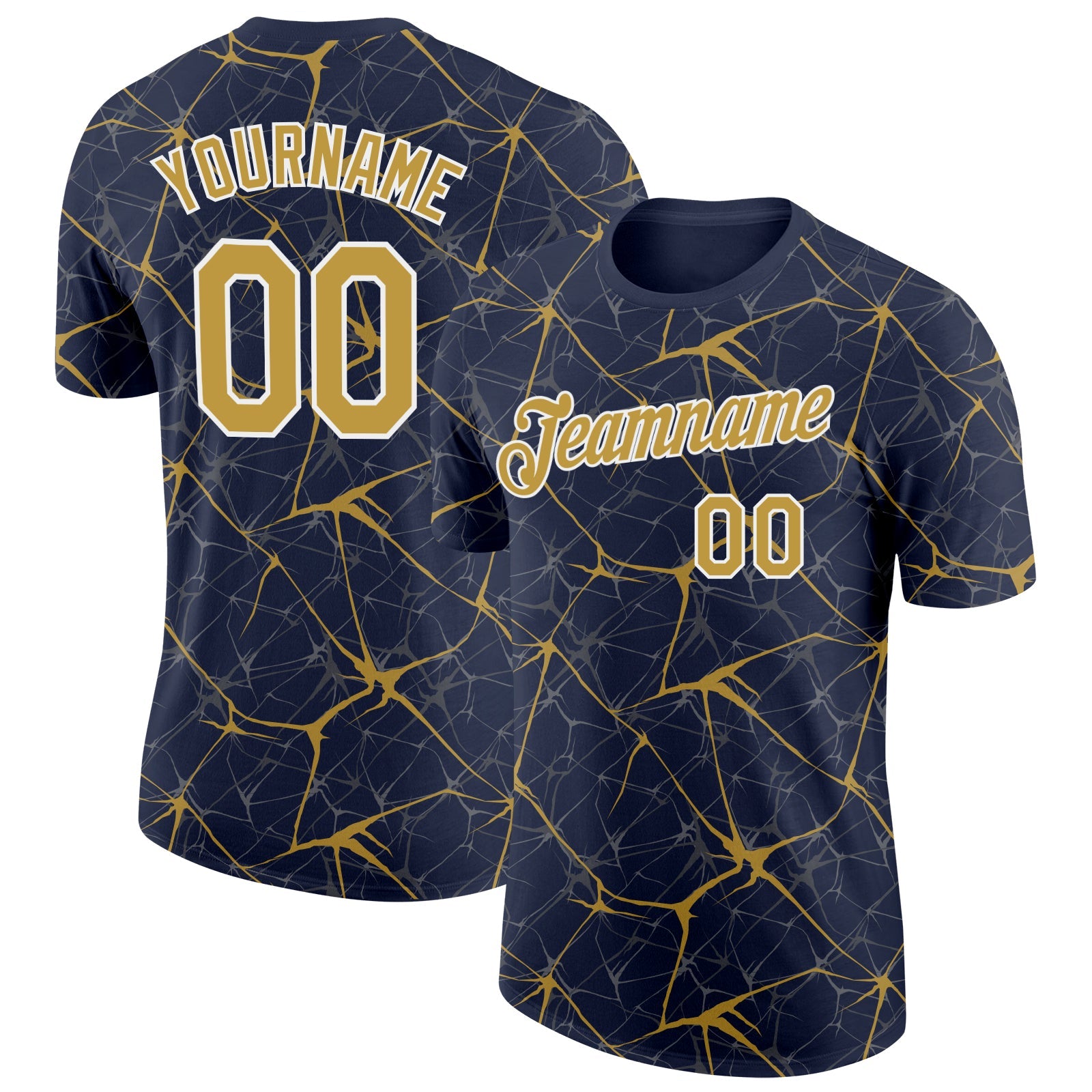 Custom Navy Old Gold Gray-White Abstract Network Crackle Performance T-Shirt - Main View