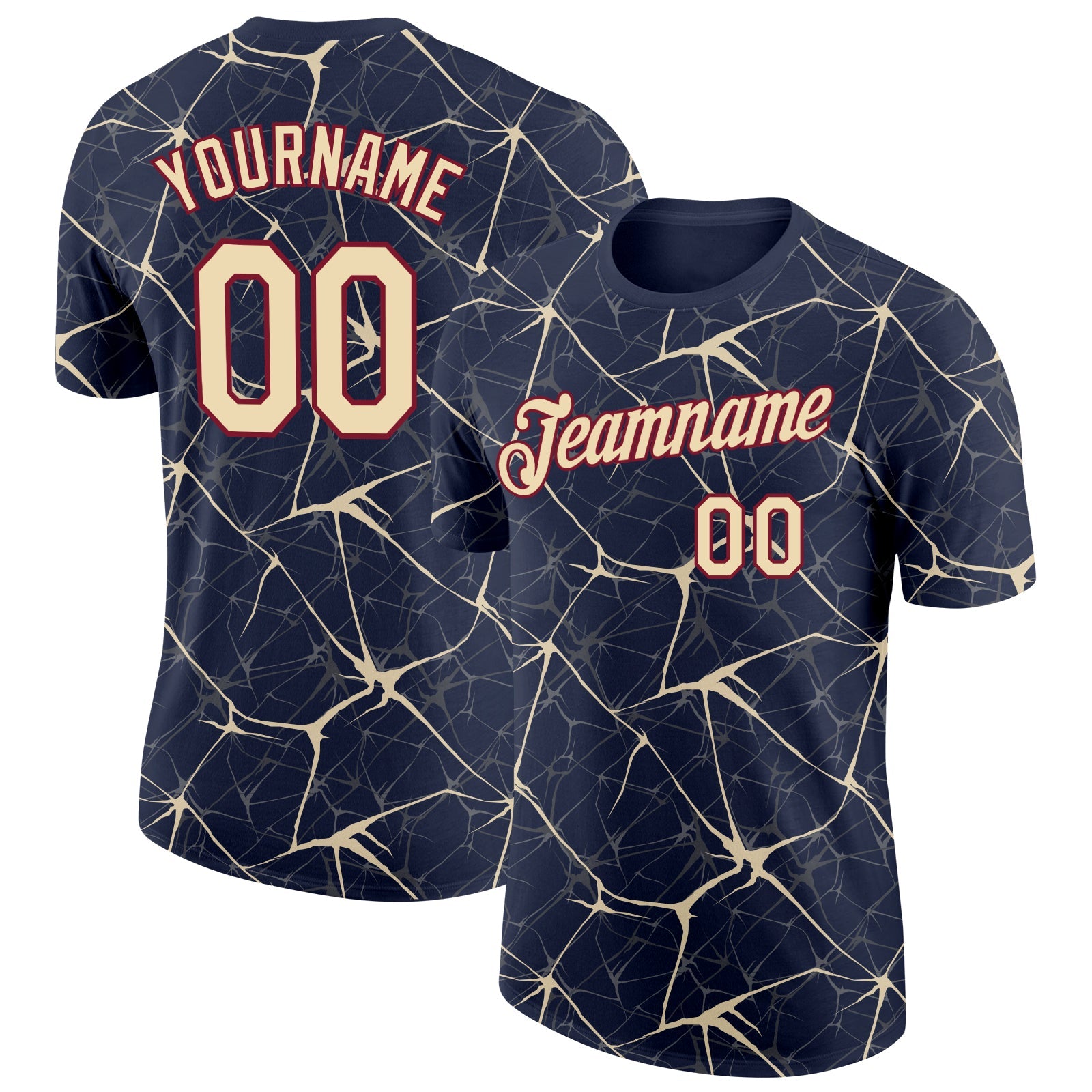 Custom Navy Cream Gray-Crimson Abstract Network Crackle Performance T-Shirt - Main View