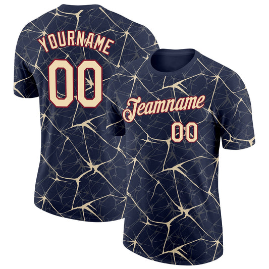 Custom Navy Cream Gray-Crimson Abstract Network Crackle Performance T-Shirt - Main View