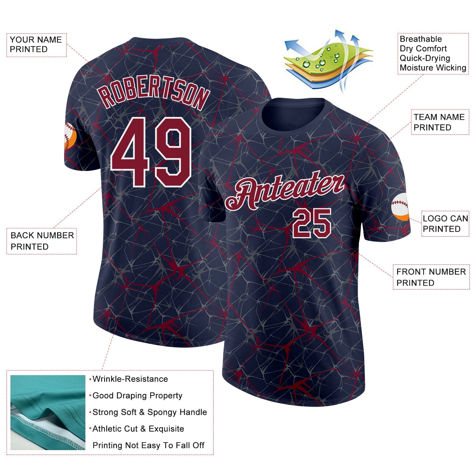 Custom Navy Crimson Gray-White Abstract Network Crackle Performance T-Shirt view 2
