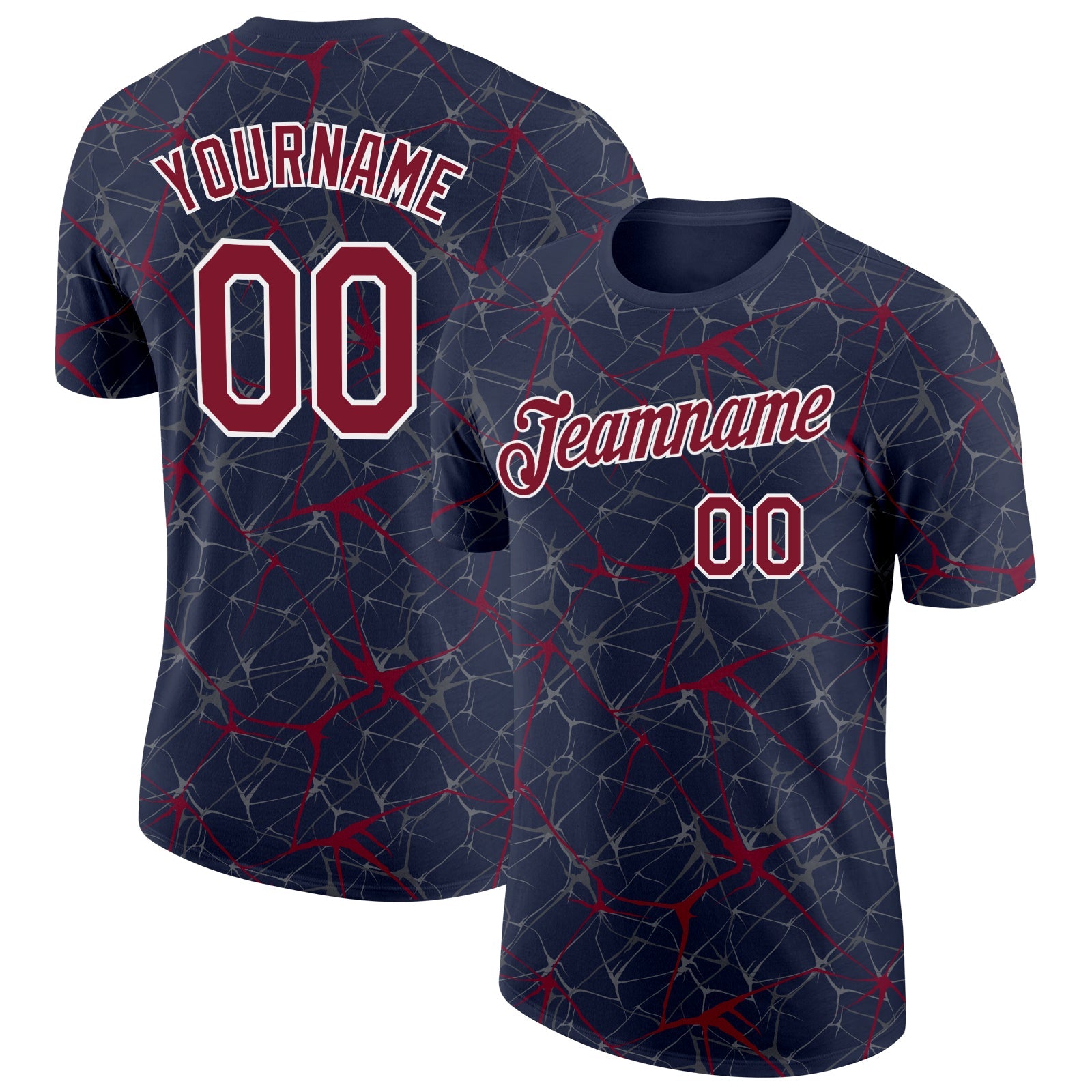Custom Navy Crimson Gray-White Abstract Network Crackle Performance T-Shirt - Main View