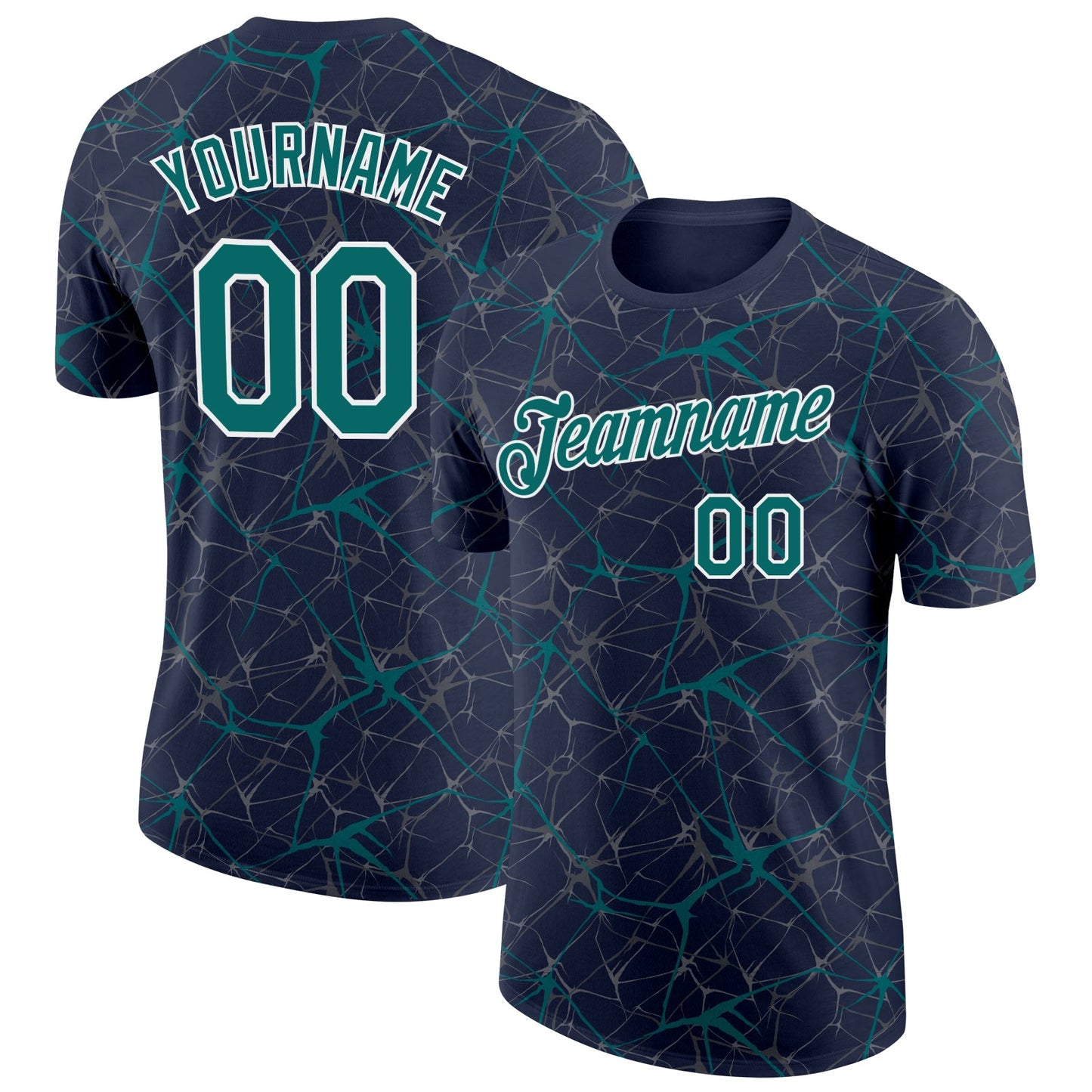 Custom Navy Teal Gray-White Abstract Network Crackle Performance T-Shirt - Main View