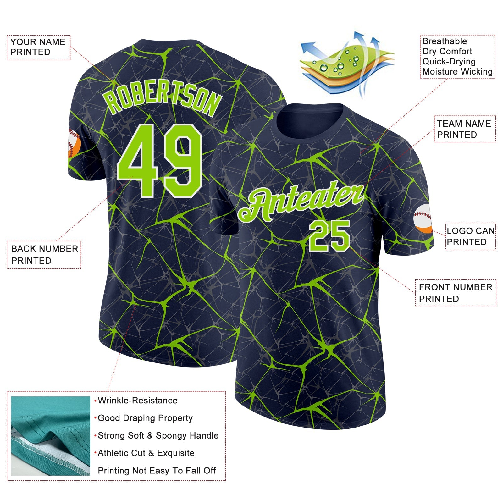 Custom Navy Neon Green Gray-White Abstract Network Crackle Performance T-Shirt view 2
