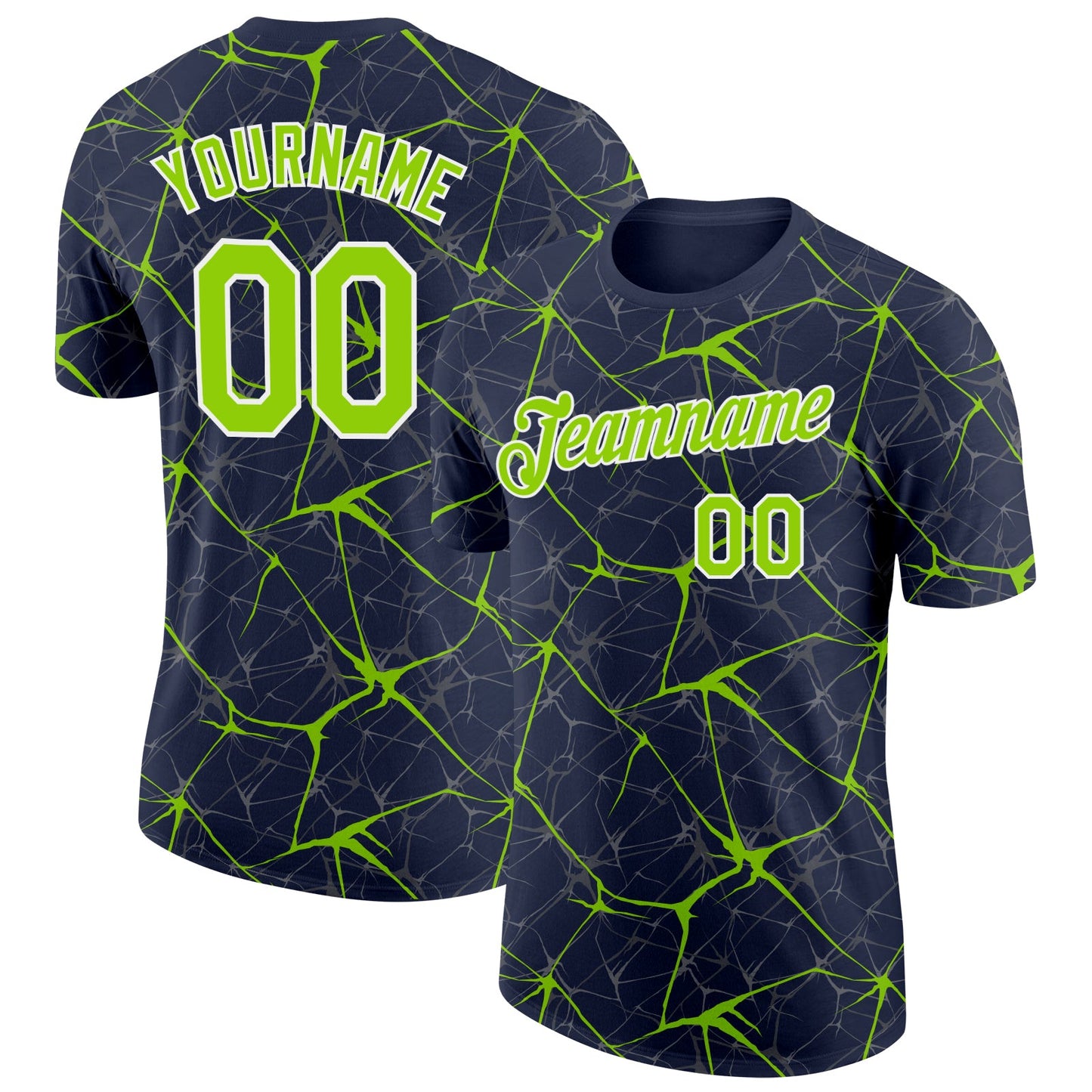 Custom Navy Neon Green Gray-White Abstract Network Crackle Performance T-Shirt - Main View