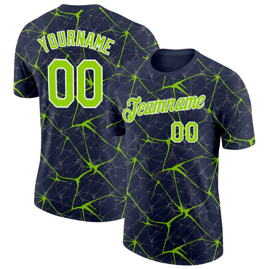 Custom Navy Neon Green Gray-White Abstract Network Crackle Performance T-Shirt - Main View