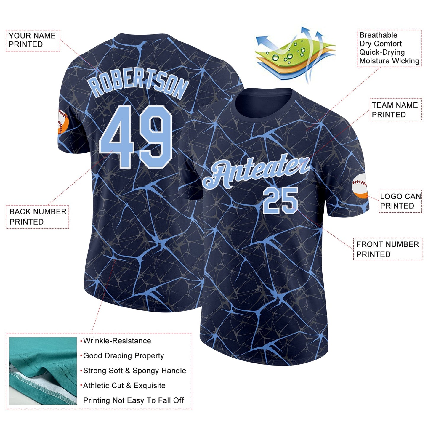 Custom Navy Powder Blue Gray-White Abstract Network Crackle Performance T-Shirt view 2