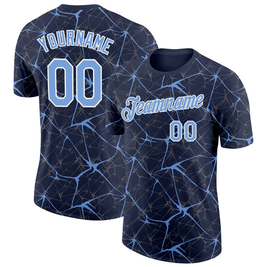 Custom Navy Powder Blue Gray-White Abstract Network Crackle Performance T-Shirt - Main View