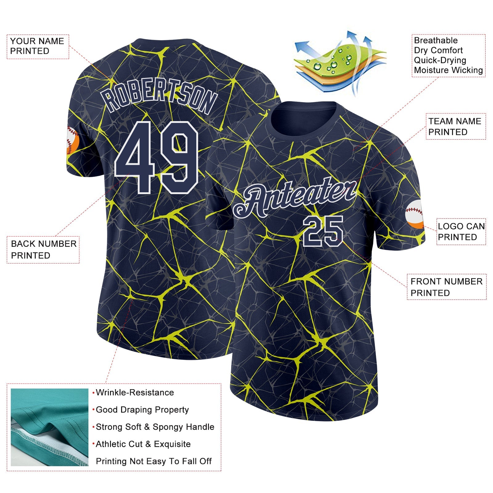 Custom Navy Neon Yellow Gray-White Abstract Network Crackle Performance T-Shirt view 2