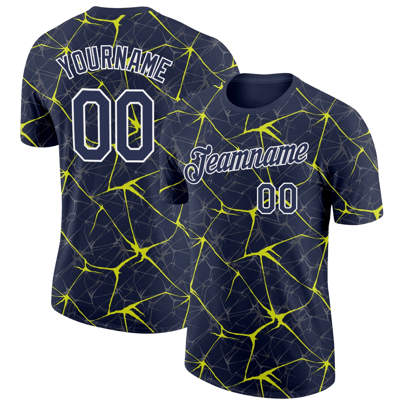 Custom Navy Neon Yellow Gray-White Abstract Network Crackle Performance T-Shirt - Main View