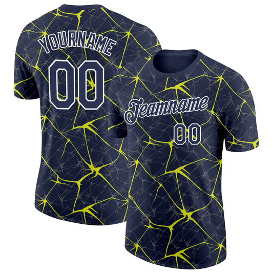 Custom Navy Neon Yellow Gray-White Abstract Network Crackle Performance T-Shirt - Main View