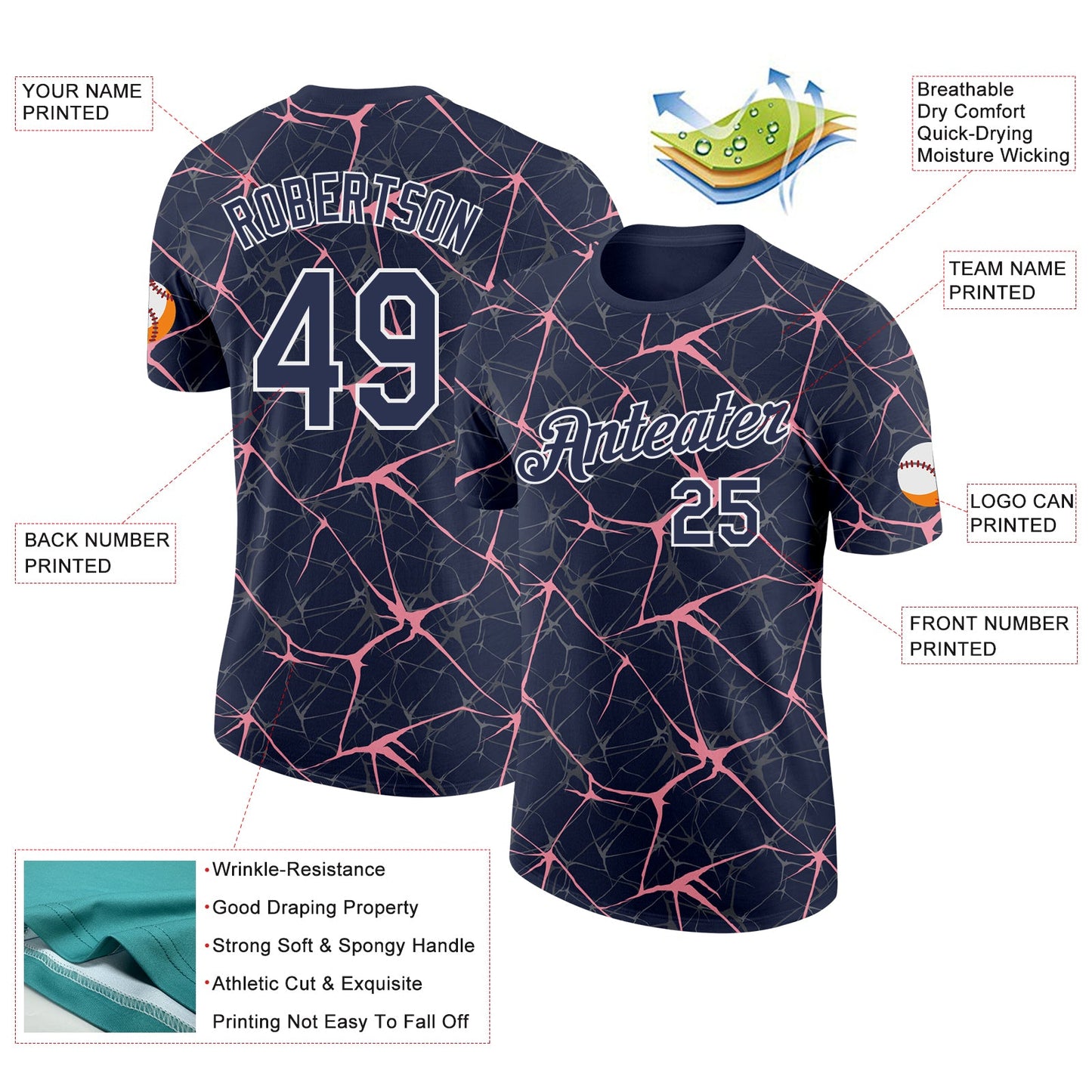 Custom Navy Medium Pink Gray-White Abstract Network Crackle Performance T-Shirt view 2