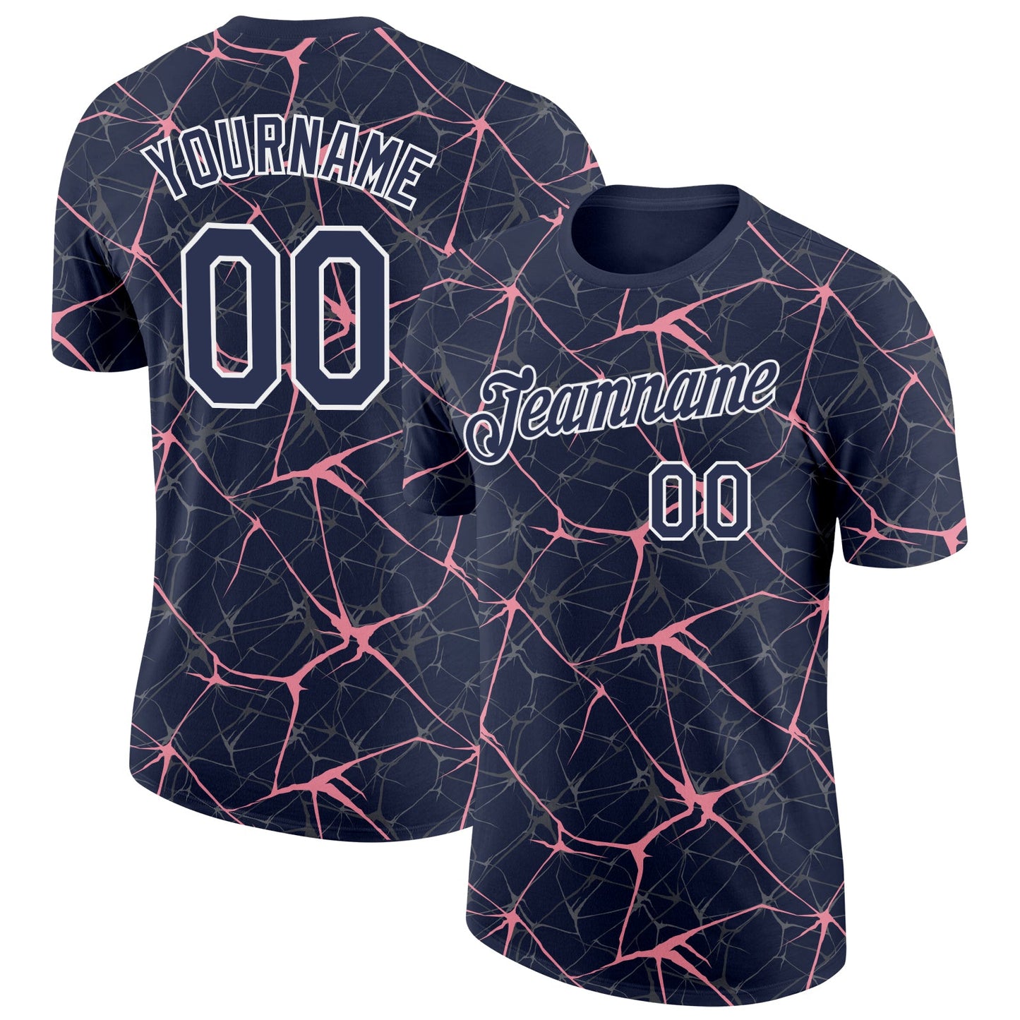 Custom Navy Medium Pink Gray-White Abstract Network Crackle Performance T-Shirt - Main View