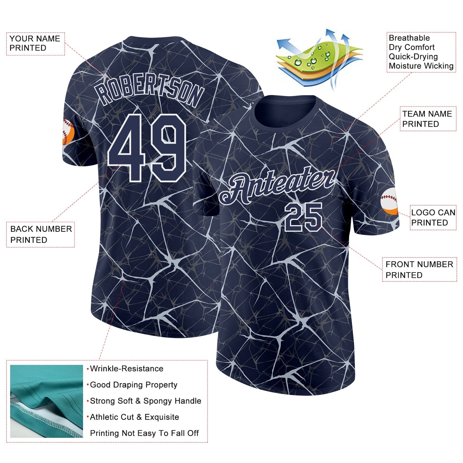 Custom Navy Silver Gray-White Abstract Network Crackle Performance T-Shirt view 2