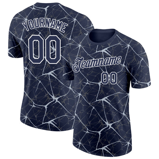 Custom Navy Silver Gray-White Abstract Network Crackle Performance T-Shirt - Main View