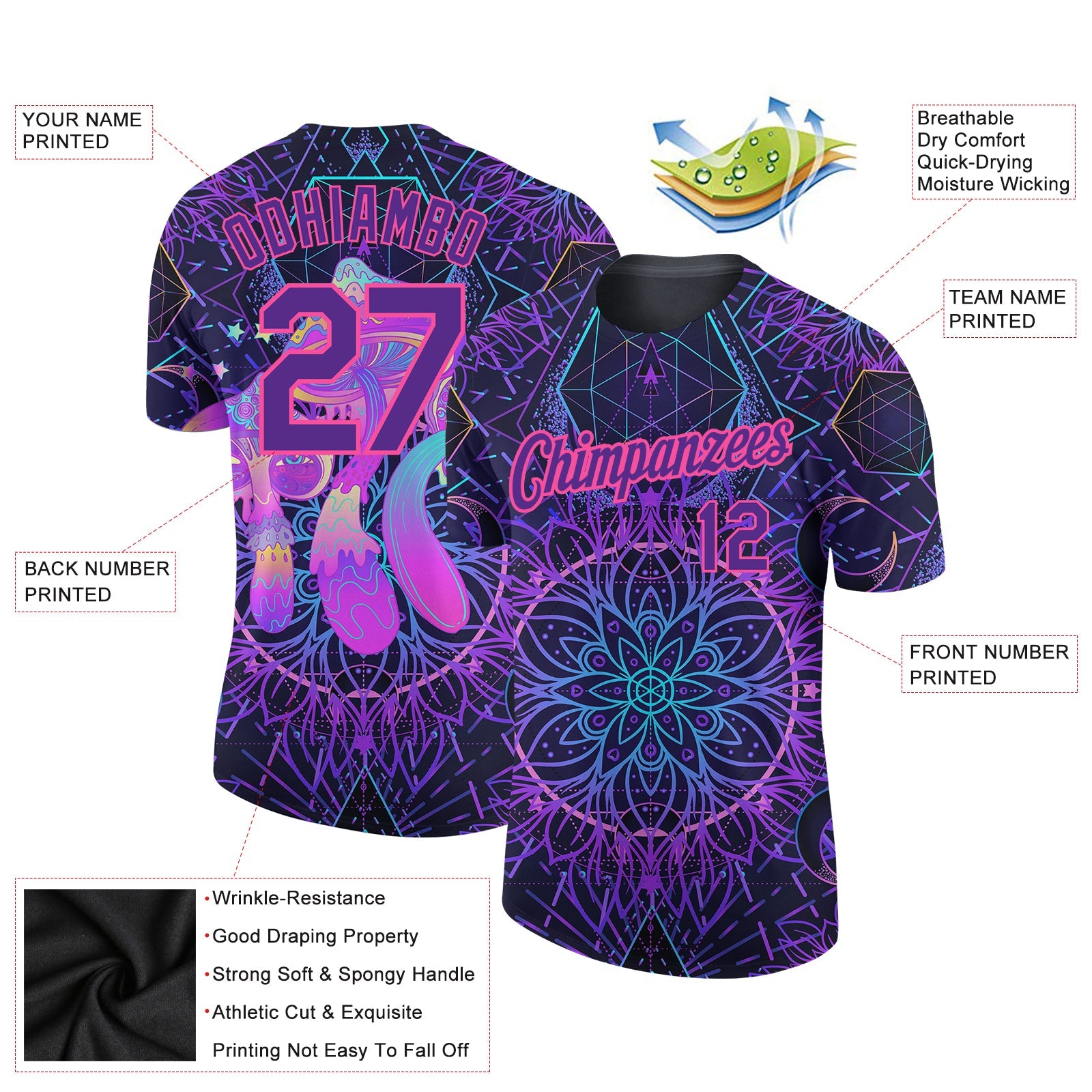 Custom Black Purple-Pink 3D Pattern Design Magic Mushrooms Over Sacred Geometry Psychedelic Hallucination Performance T-Shirt view 2