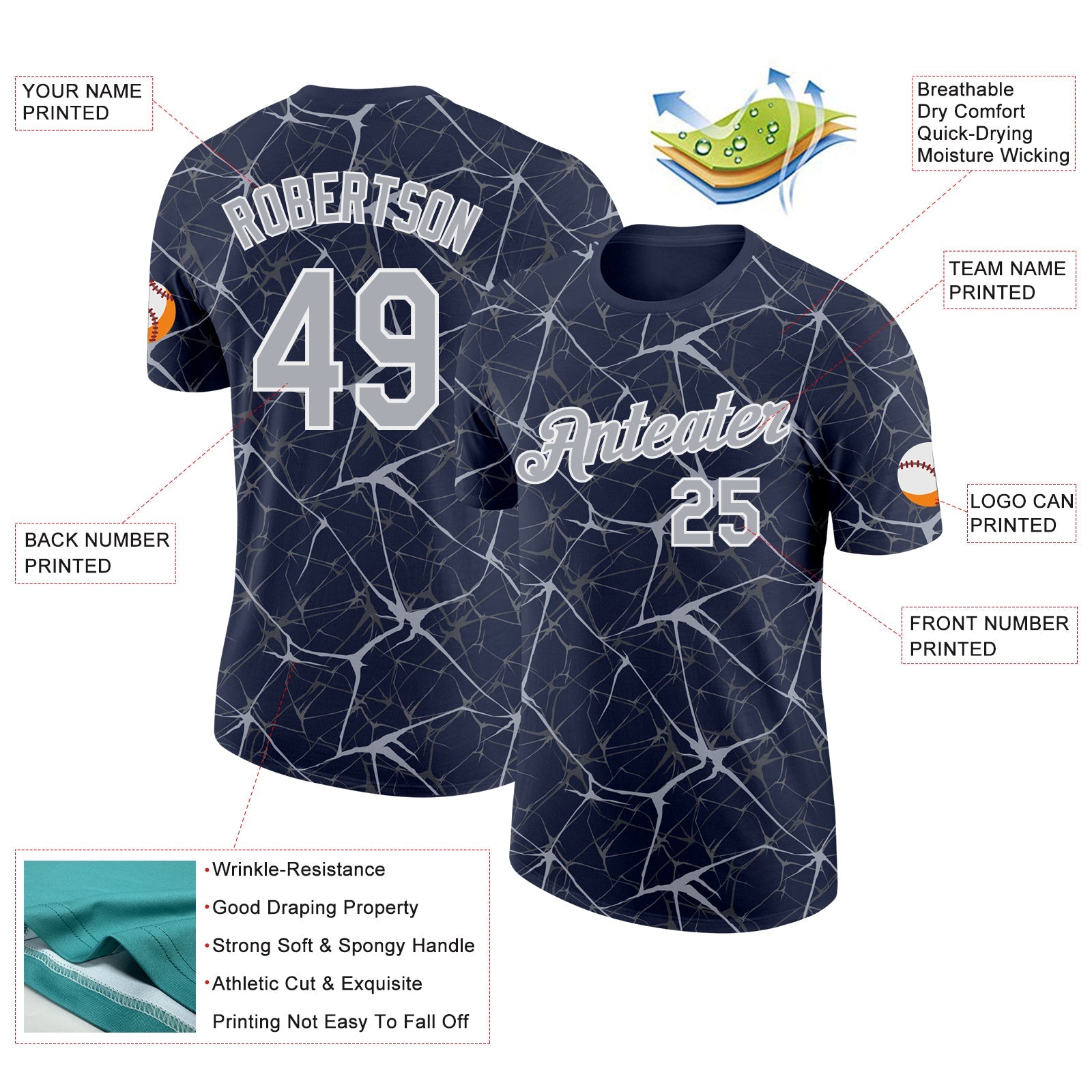 Custom Navy Gray-White Abstract Network Crackle Performance T-Shirt view 2
