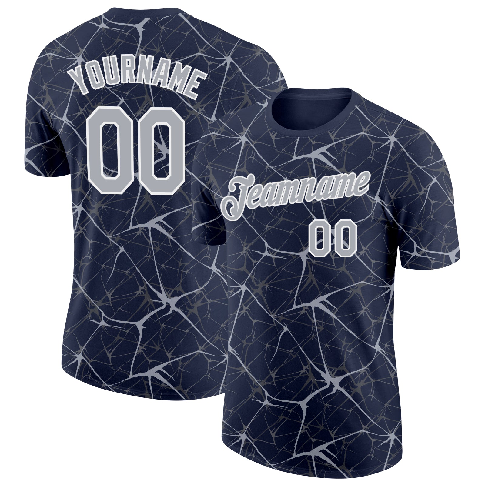 Custom Navy Gray-White Abstract Network Crackle Performance T-Shirt - Main View