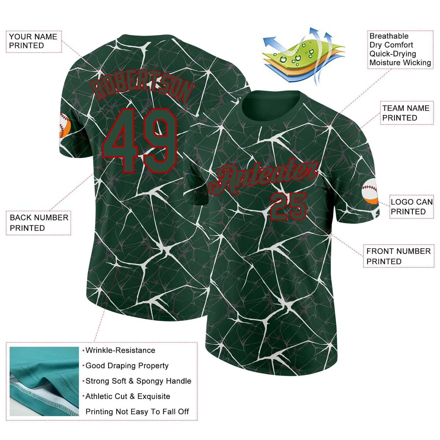 Custom Green White Gray-Red Abstract Network Crackle Performance T-Shirt view 2