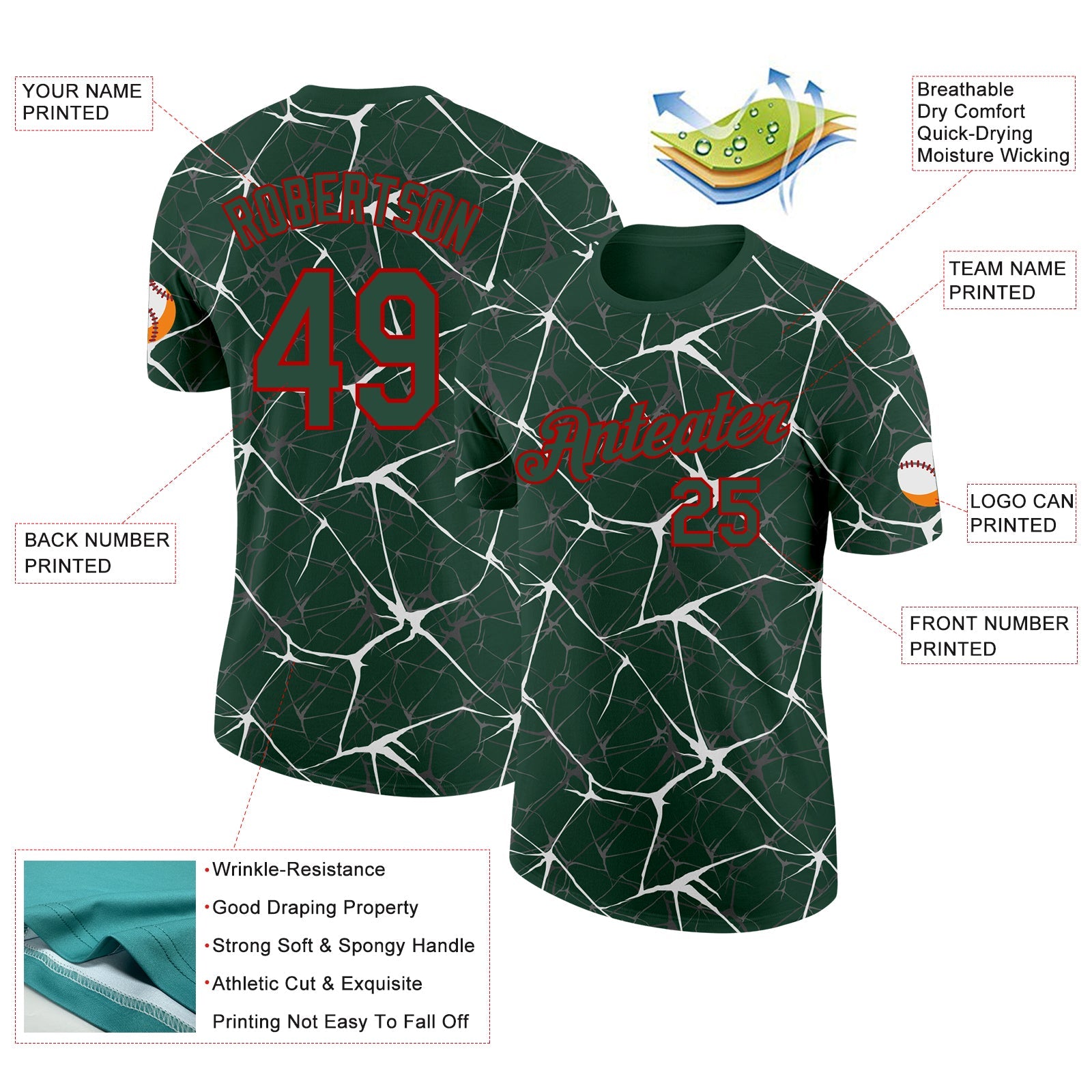 Custom Green White Gray-Red Abstract Network Crackle Performance T-Shirt view 2