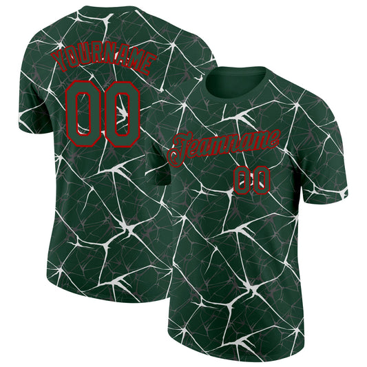 Custom Green White Gray-Red Abstract Network Crackle Performance T-Shirt - Main View