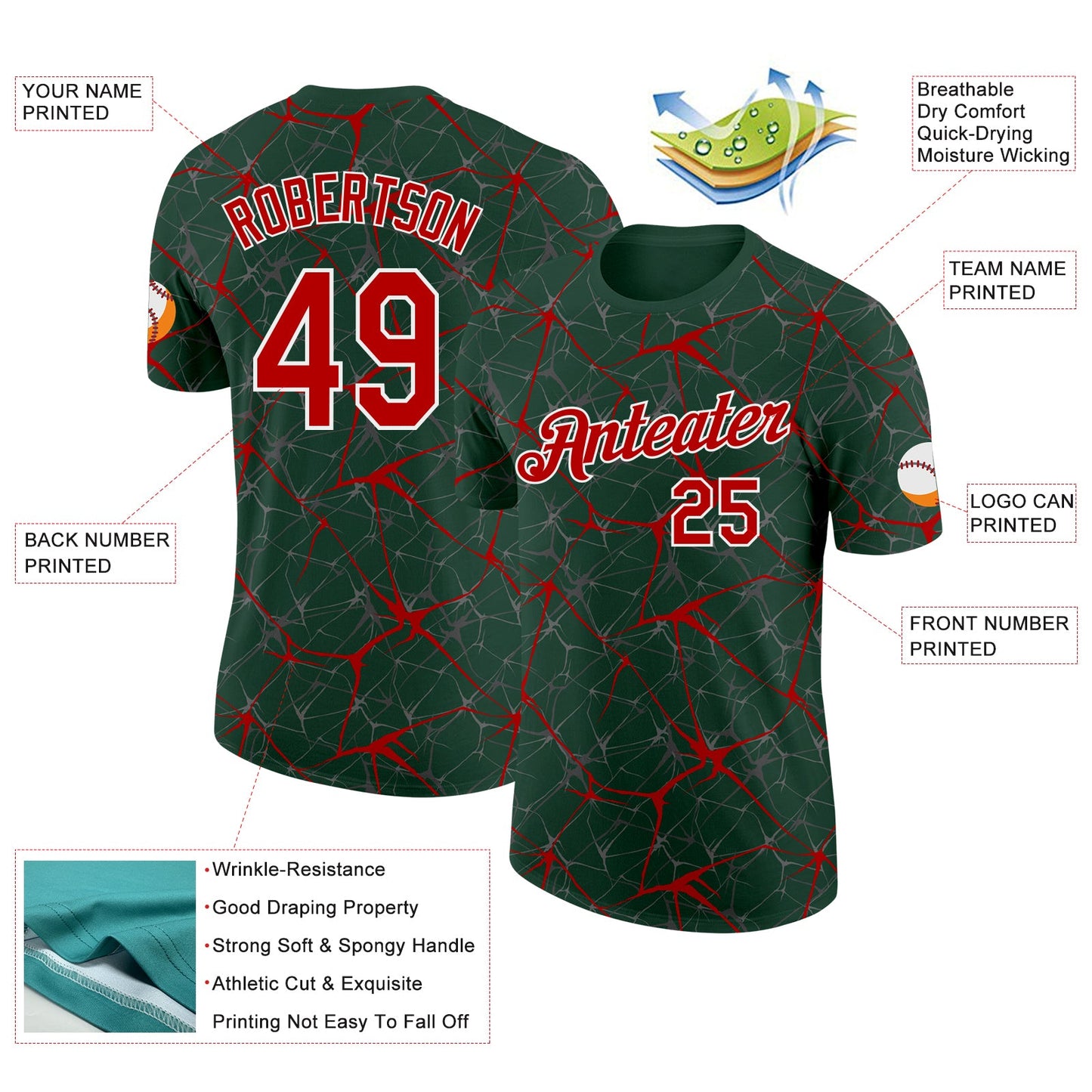 Custom Green Red Gray-White Abstract Network Crackle Performance T-Shirt view 2
