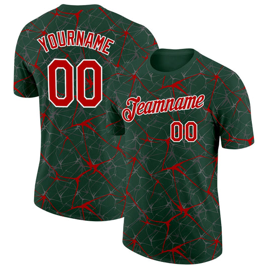 Custom Green Red Gray-White Abstract Network Crackle Performance T-Shirt - Main View