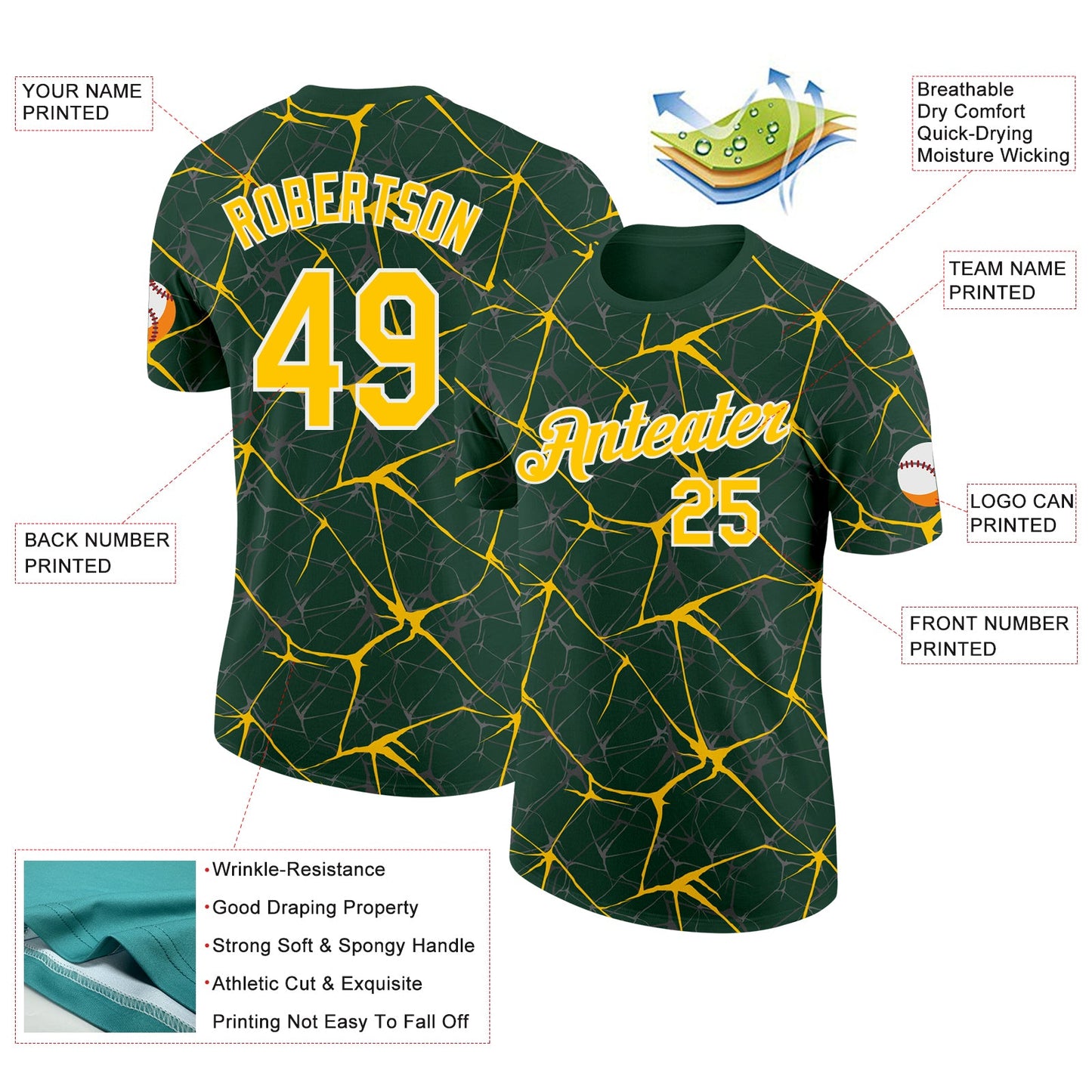 Custom Green Yellow Gray-White Abstract Network Crackle Performance T-Shirt view 2