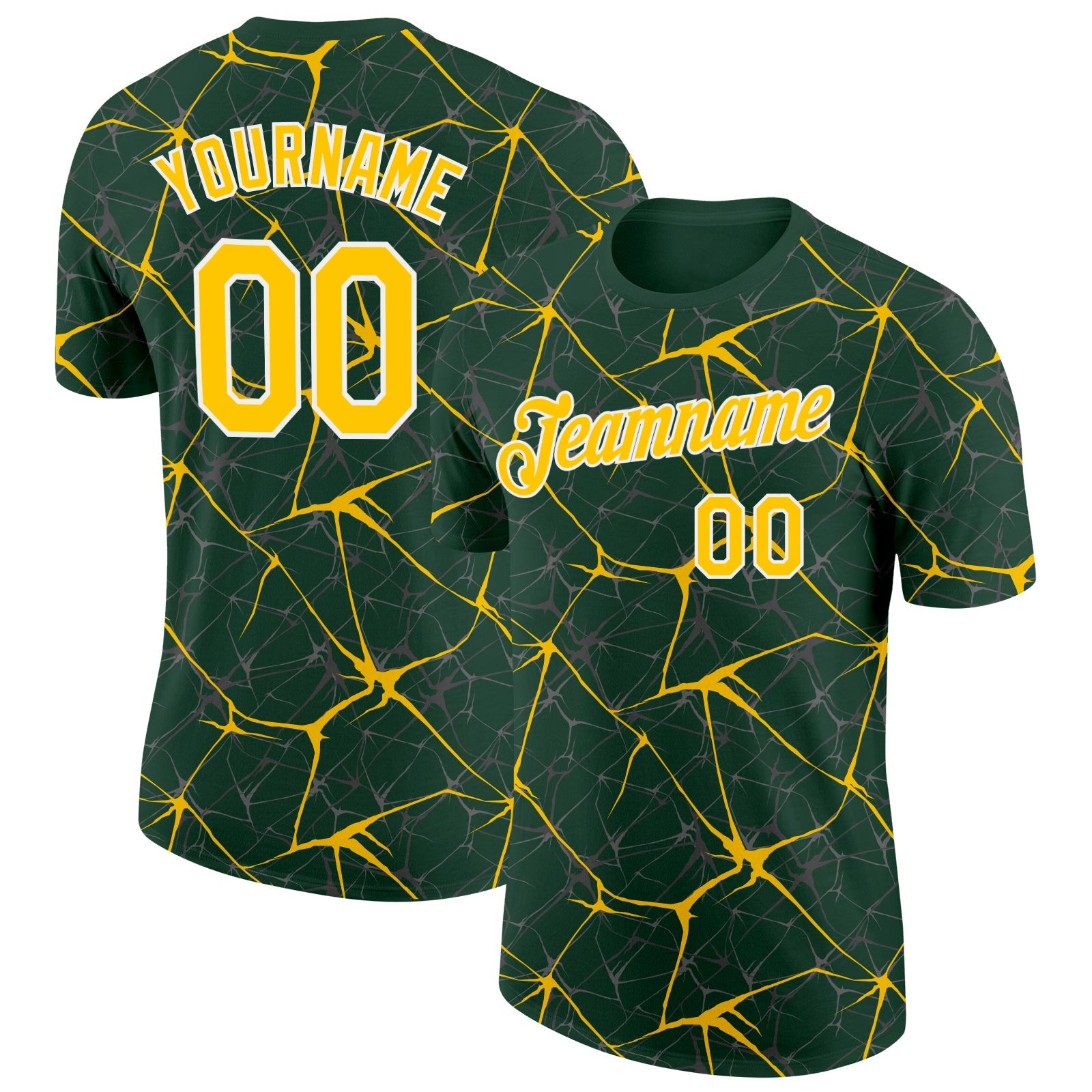 Custom Green Yellow Gray-White Abstract Network Crackle Performance T-Shirt - Main View