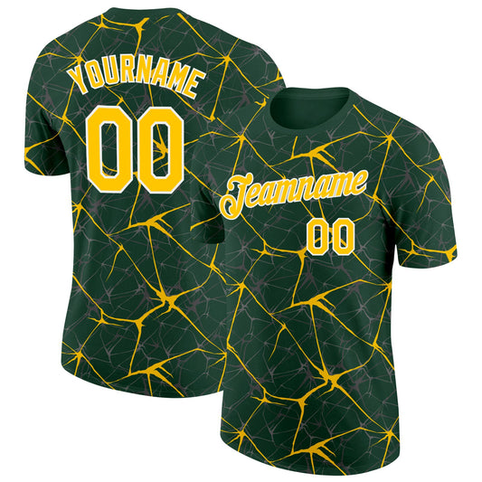 Custom Green Yellow Gray-White Abstract Network Crackle Performance T-Shirt - Main View