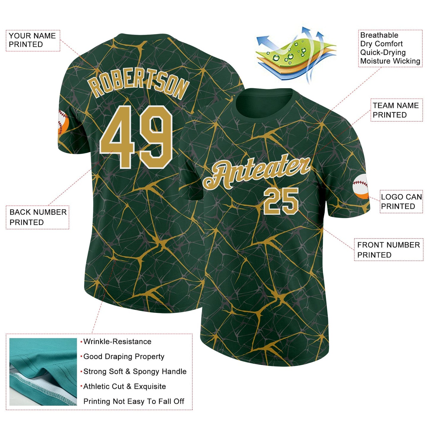 Custom Green Old Gold Gray-White Abstract Network Crackle Performance T-Shirt view 2