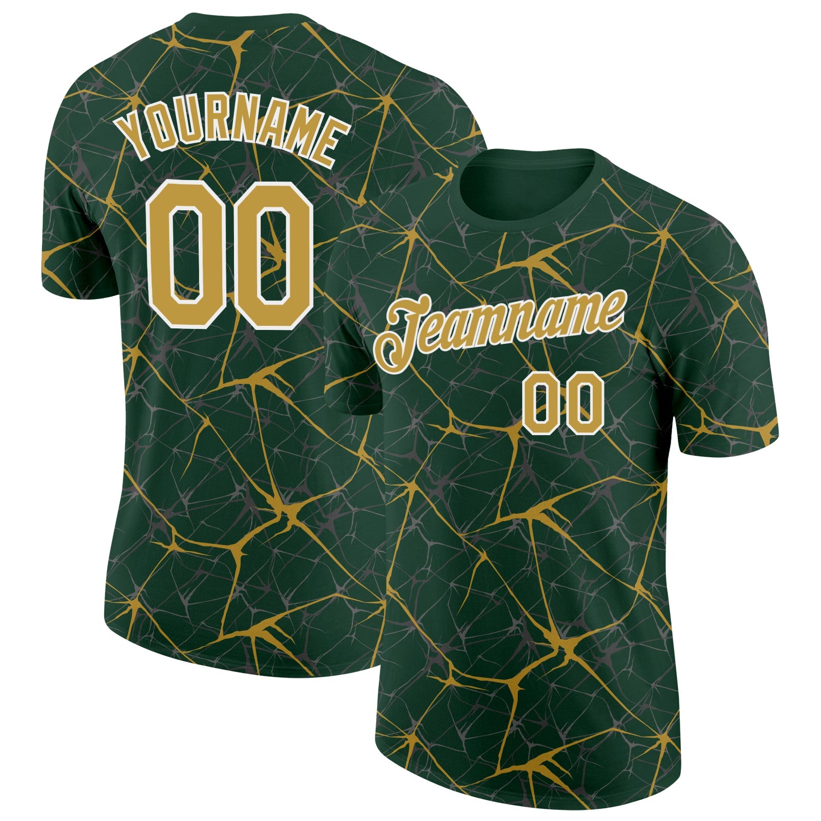 Custom Green Old Gold Gray-White Abstract Network Crackle Performance T-Shirt - Main View