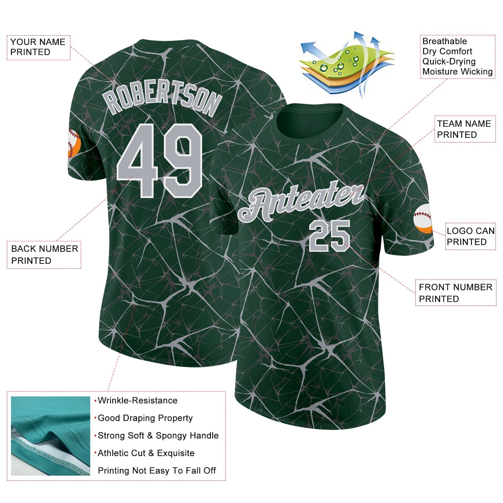 Custom Green Gray-White Abstract Network Crackle Performance T-Shirt view 2