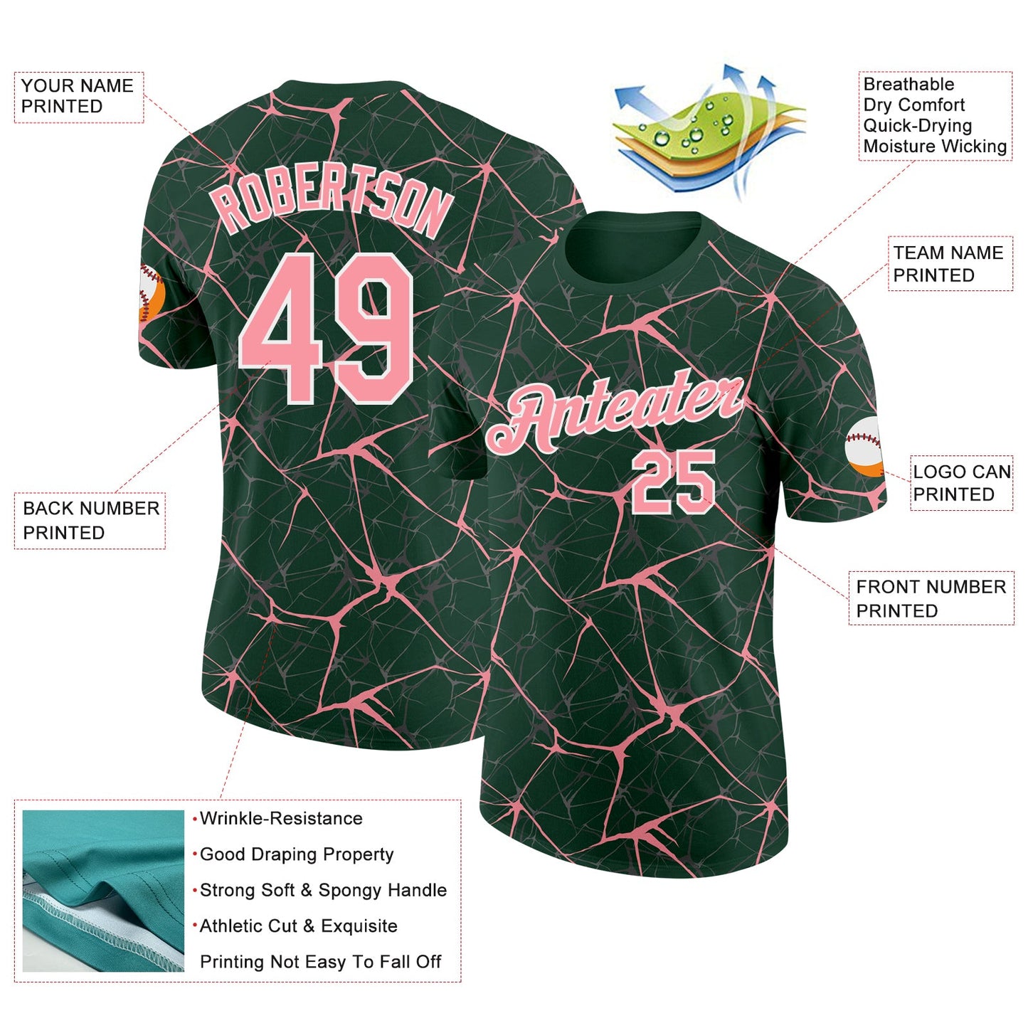 Custom Green Medium Pink Gray-White Abstract Network Crackle Performance T-Shirt view 2