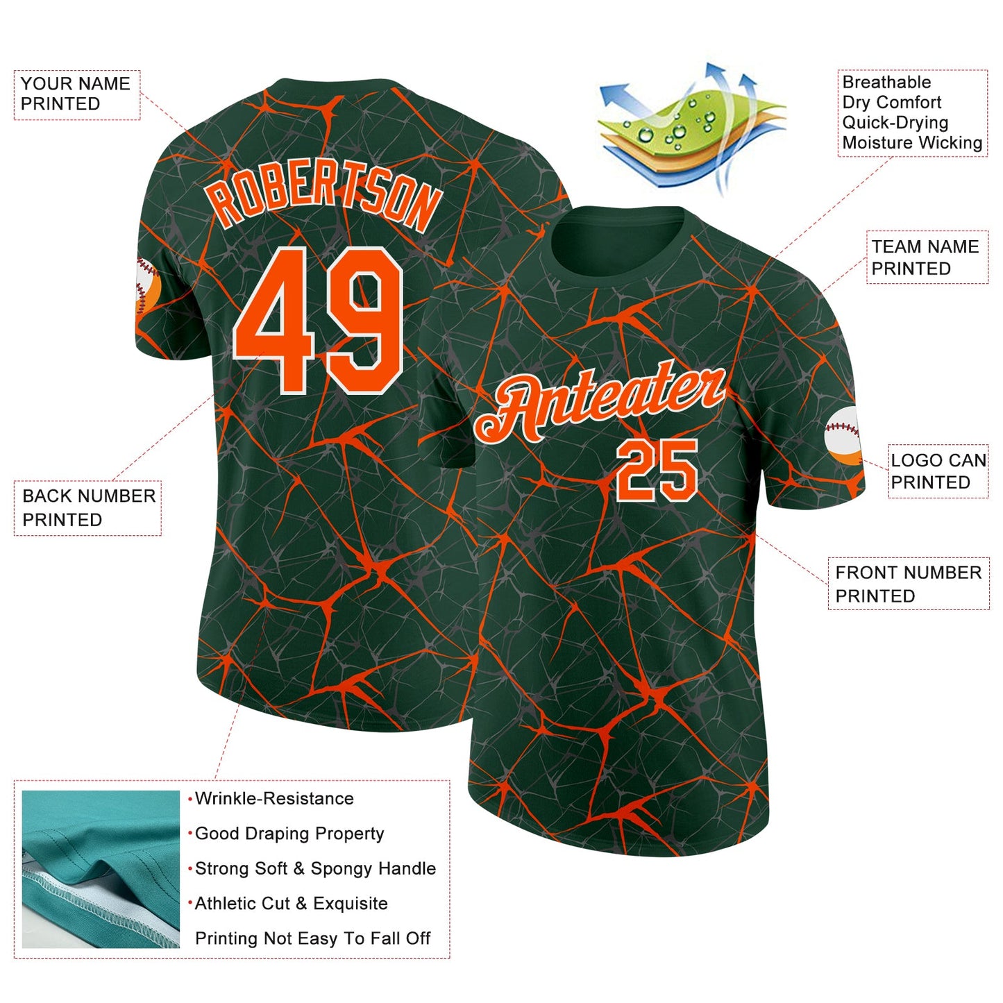 Custom Green Orange Gray-White Abstract Network Crackle Performance T-Shirt view 2