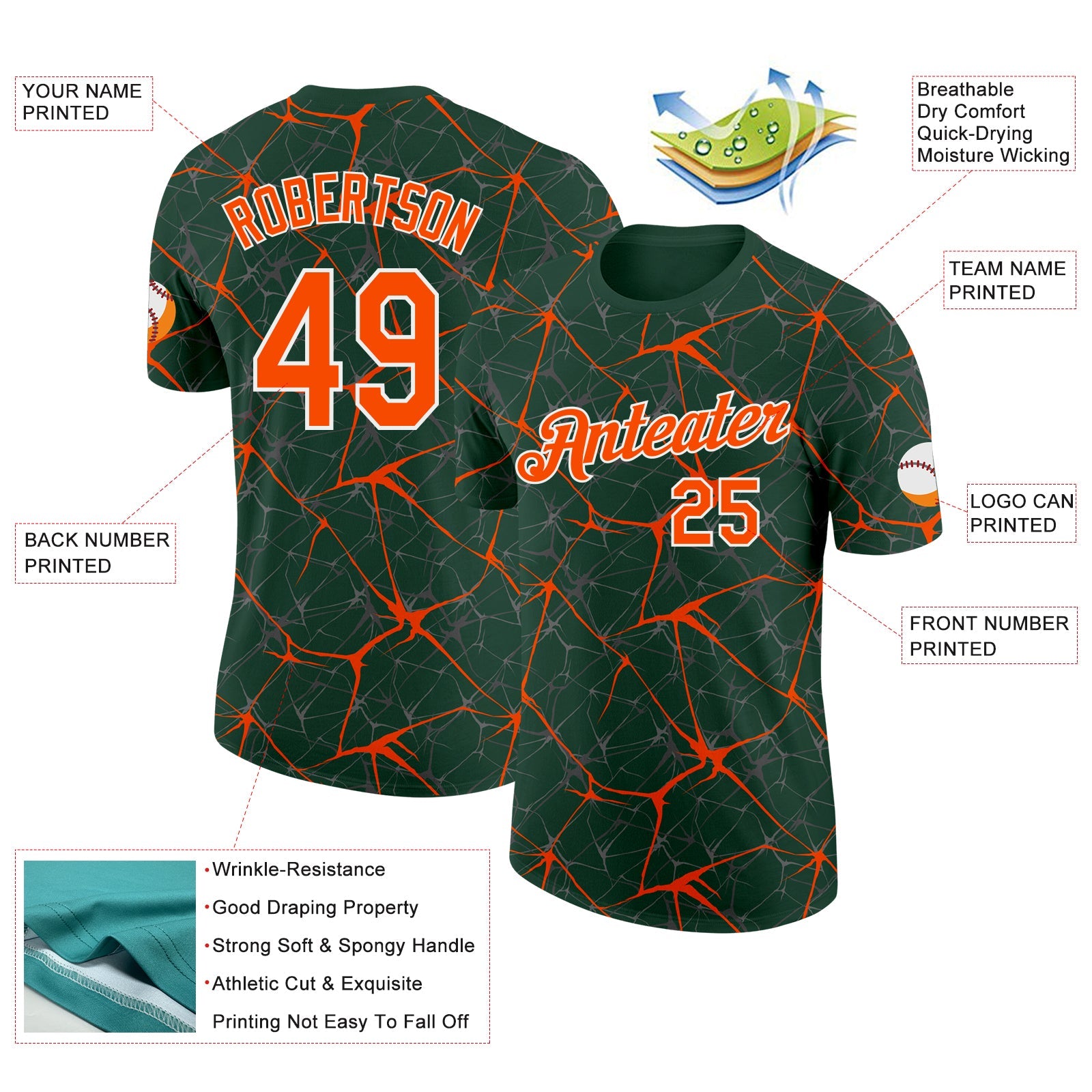 Custom Green Orange Gray-White Abstract Network Crackle Performance T-Shirt view 2
